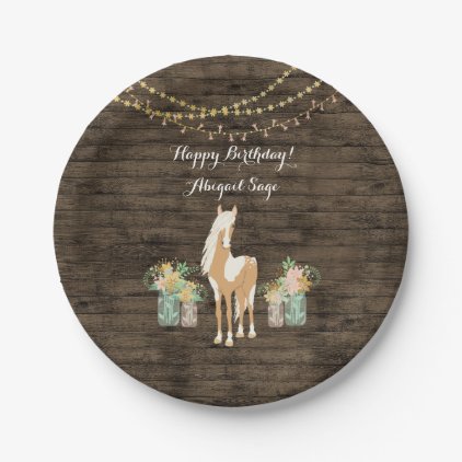 Personalized Horse, Flowers Rustic Wood Birthday Paper Plate