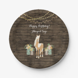Personalized Horse, Flowers Rustic Wood Birthday Paper Plates