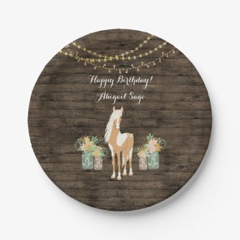 Personalized Horse  Flowers Rustic Wood Birthday Paper Plates by TheCutieCollection at Zazzle