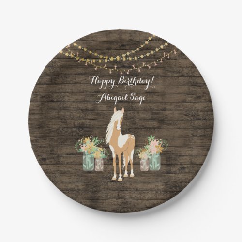 Personalized Horse Flowers Rustic Wood Birthday Paper Plates