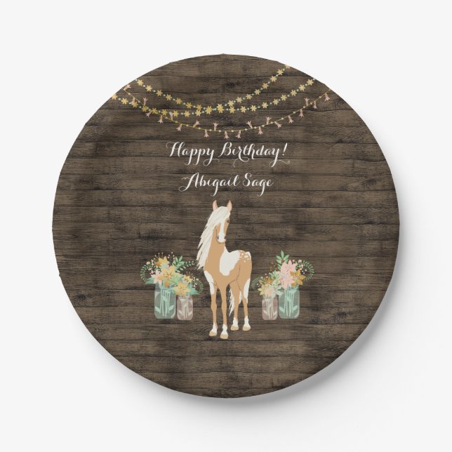 Personalized Horse, Flowers Rustic Wood Birthday Paper Plates (Front)