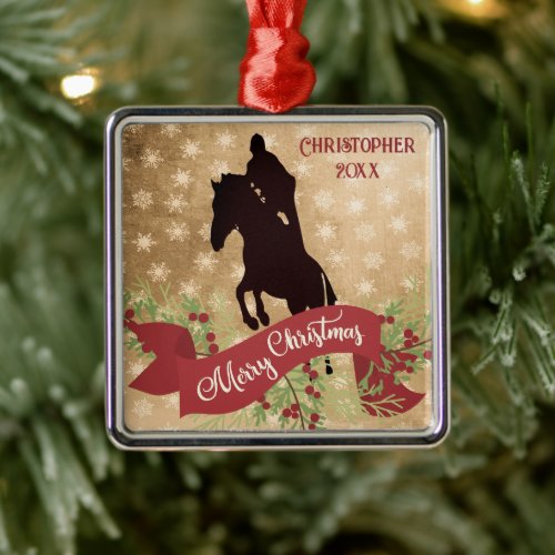 Personalized Horse Jumping Merry Christmas Metal Ornament