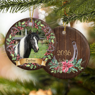 Personalized Horse Photo Rustic Christmas Ceramic Ornament