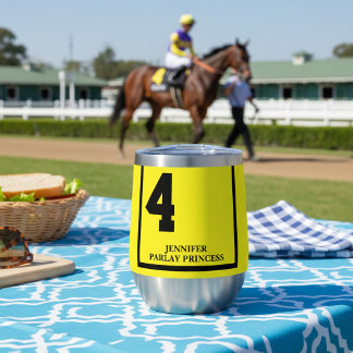 Personalized Horse Racing Number 4 Yellow & Black  Thermal Wine Tumbler