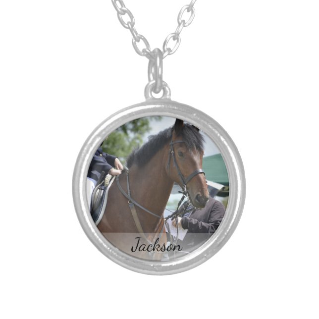 Personalized Horse Riding Equestrian Photo & Name Silver Plated Necklace (Front)