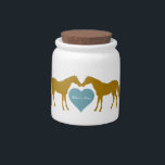 Personalized Horse Treat Jar<br><div class="desc">Keep your horse's treats nice and fresh in this cute personalized horse trest jar, the design can be personalized on the front and the back with your horse's name. This design features kissing horses in gold and a blue love heart. A horse treat jar makes a nice gift for a...</div>