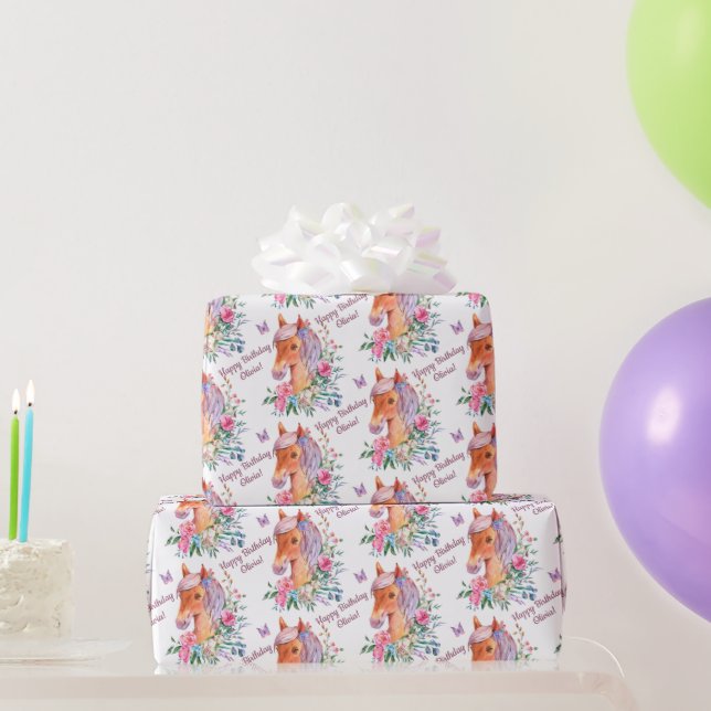 Personalized horse with flowers girls birthday wrapping paper (Party Gifts)