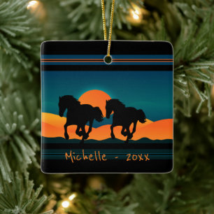 Personalized Horses Mountain Sunset Christmas Ceramic Ornament