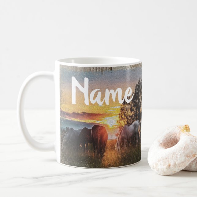 Personalized Horses Ranch Farm Design Coffee Mug (With Donut)