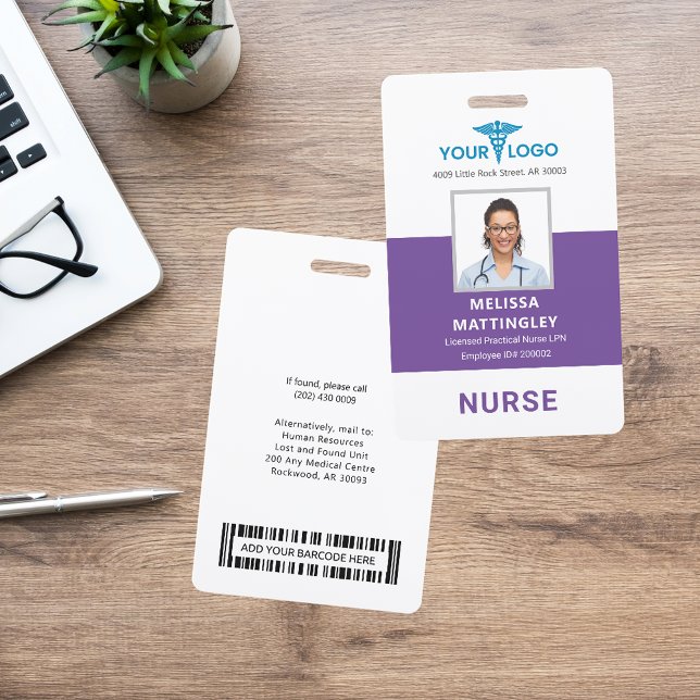 Personalized Hospital Employee Logo and Photo ID Badge (Nurse Photo Purple ID Card with Barcode)
