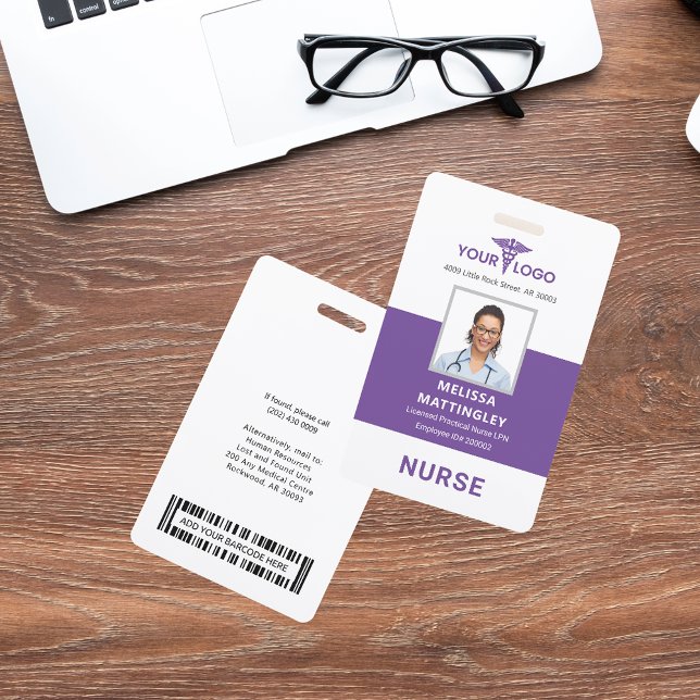 Personalized Hospital Employee Logo and Photo ID Badge (Purple Nurse Photo ID Card with Barcode)