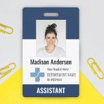 Personalized Hospital Employee Logo & Photo ID Badge<br><div class="desc">Personalized Hospital Employee Logo & Photo ID Navy Blue and White Modern Badge
Your Health Care Company Logo Photo Clip Doctor and Nurse Name Badge.</div>
