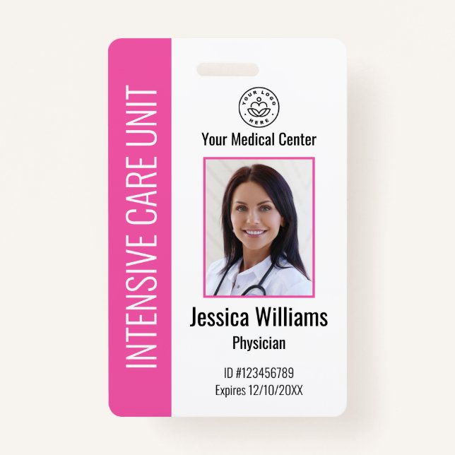 Personalized Hospital Employee Logo Photo Pink ID Badge (Front)