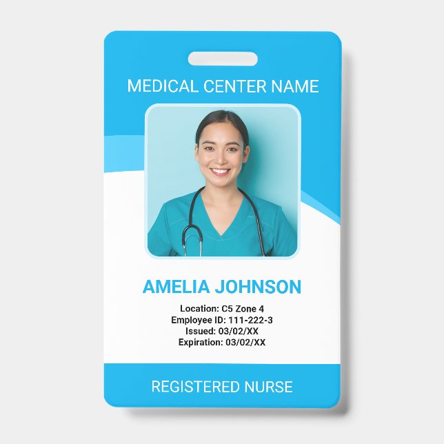 Personalized Hospital Employee Photo ID Blue Badge (Front)