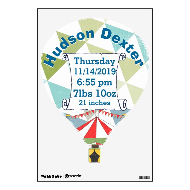 Personalized Hot Air Balloon Baby Stats Nursery Wall Sticker (Front)