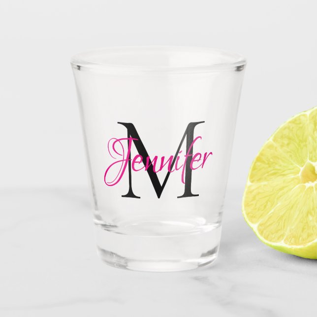 Personalized Hot Pink and Black Monogram Shot Glass (Front)
