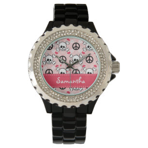 Personalized Hot Pink and Black Skull Watch