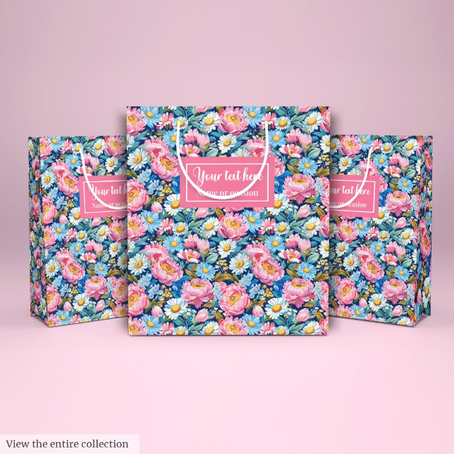 Personalized hot pink and blue floral gift wrap medium gift bag (Personalized hot pink and blue floral gift wrap Medium Gift Bag)