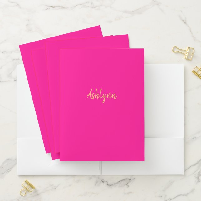 Personalized Hot Pink and Light Gold Pocket Folder (In Situ)