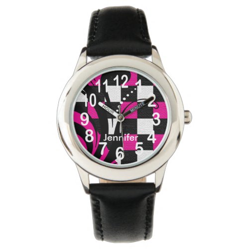Personalized Hot Pink Black and White Abstract Watch