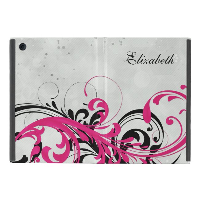 Personalized Hot Pink Black Floral iPad Mini Folio Cover (Outside)