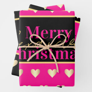 Personalized Hot Pink Black Gold Heart Christmas Wrapping Paper Sheets