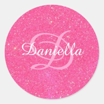 Personalized Hot Pink Faux Glitter Monogram Classic Round Sticker by MonogrammedShop at Zazzle