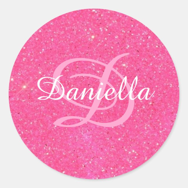Personalized Hot Pink Faux Glitter Monogram Classic Round Sticker (Front)