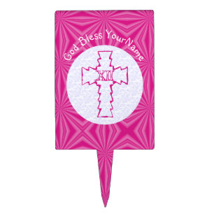 Personalized Hot Pink Feminine Christian Cross Cake Topper