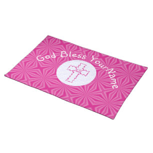 Personalized Hot Pink Feminine Christian Cross Cloth Placemat