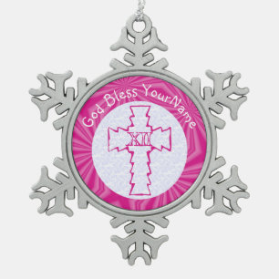 Personalized Hot Pink Feminine Christian Cross Snowflake Pewter Christmas Ornament