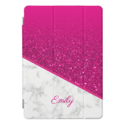 Personalized Hot Pink Glitter - White Marble iPad Pro Cover