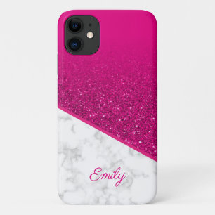 Personalized Hot Pink Glitter - White Marble Phone iPhone 11 Case