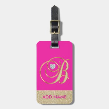 Personalized Hot Pink Gold Monogram Letter B Luggage Tag by MonogrammedShop at Zazzle