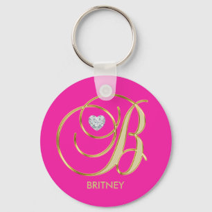 Personalized Hot Pink Gold Monogrammed Letter B Keychain