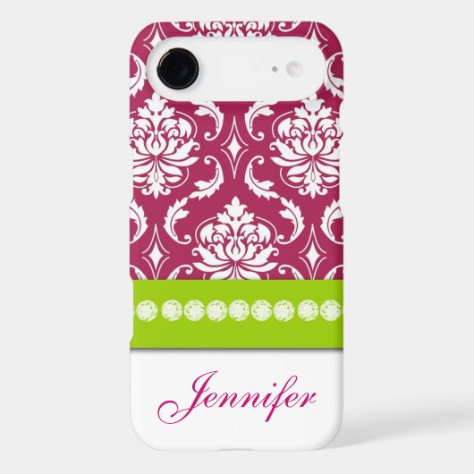 Personalized Hot Pink Green White Damask Case-Mate iPhone Case (Back)