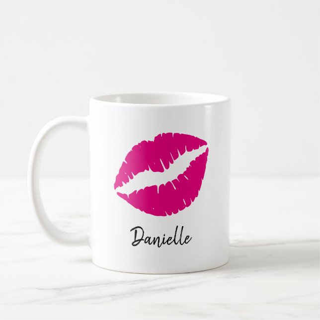 Personalized Hot Pink Lipstick Kiss Print Coffee Mug (Left)