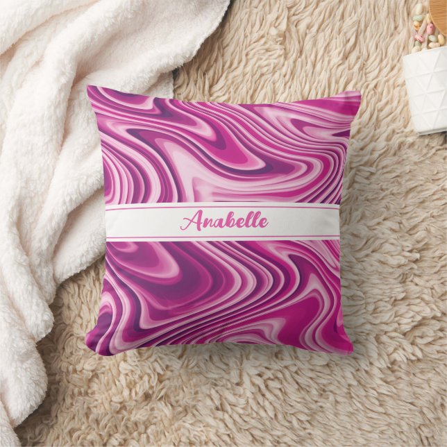 Personalized Hot Pink Liquid Marble Throw Pillow (Blanket)