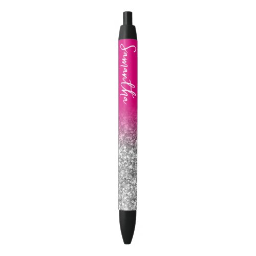 Personalized Hot Pink Luxury Silver Glitter Ombre Black Ink Pen