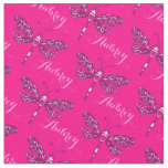 Personalized hot pink name dragonfly inked pattern fabric