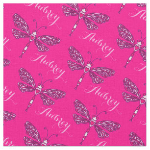 Personalized hot pink name dragonfly inked pattern fabric