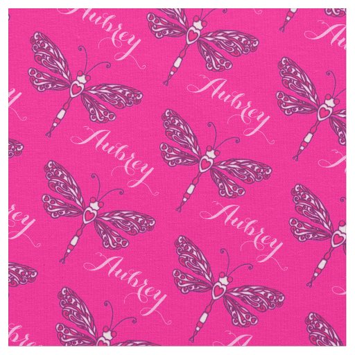 Personalized hot pink name dragonfly inked pattern fabric