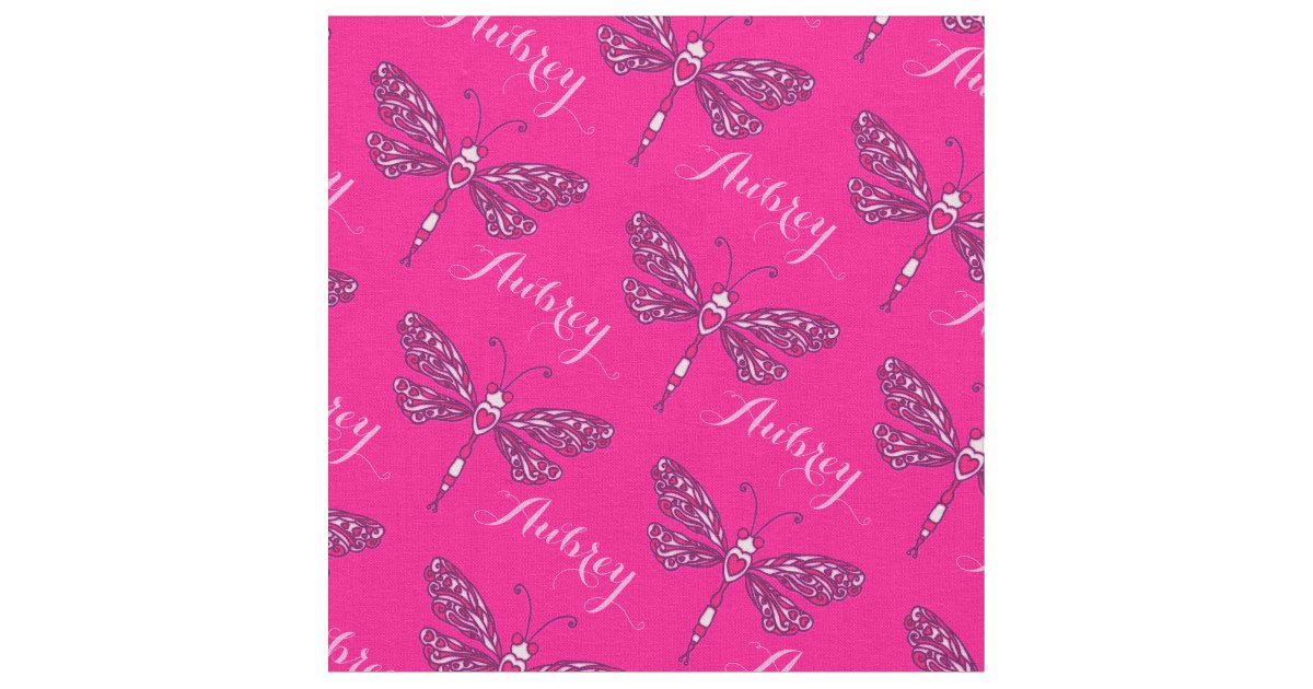 Personalized hot pink name dragonfly inked pattern fabric | Zazzle.com