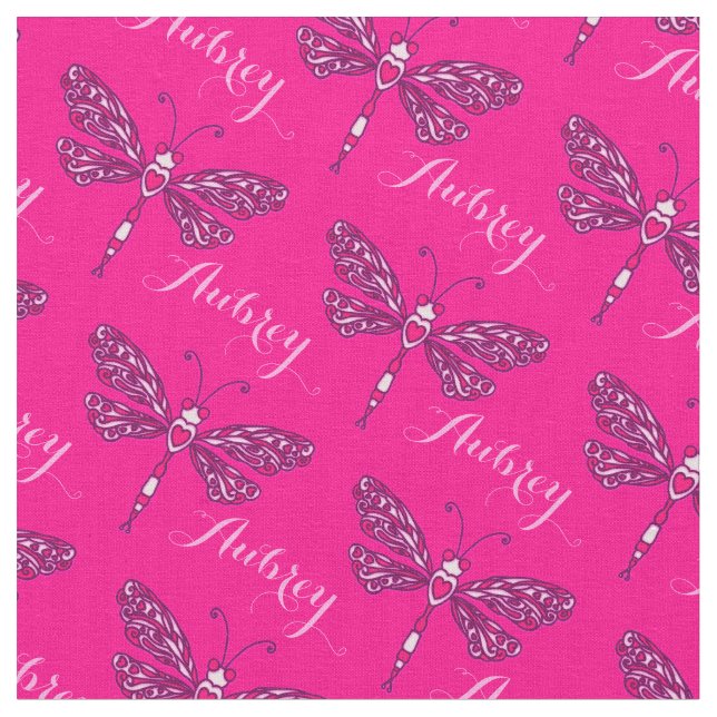Personalized hot pink name dragonfly inked pattern fabric (Close Up)
