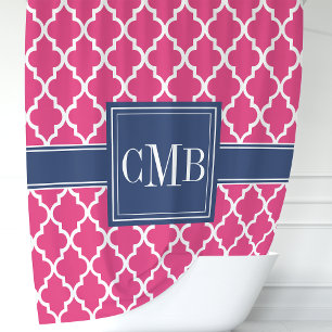 Personalized Hot Pink Navy Moroccan Monogram Shower Curtain