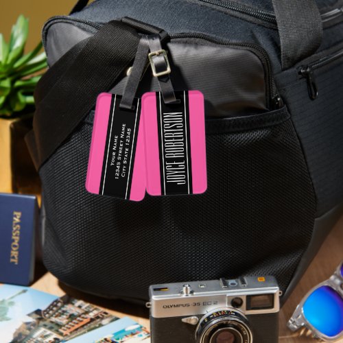Personalized hot pink striped travel luggage tag