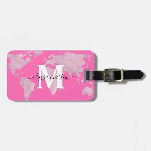 Personalized Hot Pink World Map Custom Monogram Luggage Tag