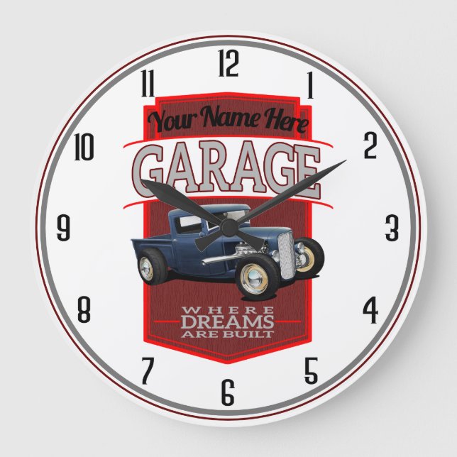 Personalized Hot Rod Garage Large Clock (Front)