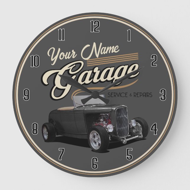Personalized Hot Rod Garage Large Clock (Front)