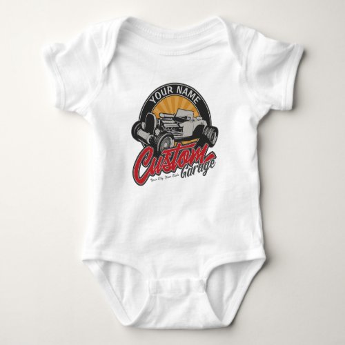 Personalized Hot Rod Garage Retro Custom Roadster  Baby Bodysuit